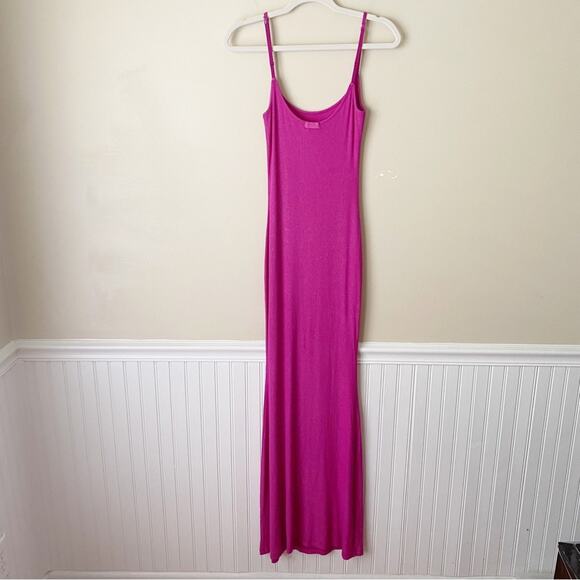 SKIMS | Ribbed Long Slip Maci Dress Fuchsia Foil Pink Shimmer Lounge Large - Picture 6 of 8